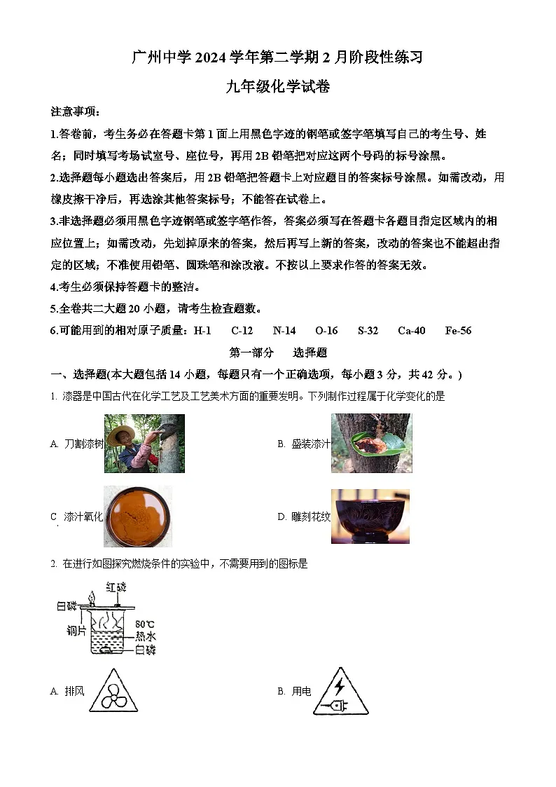 2025年广东省广州市天河区广州中学九年级下学期2月月考化学试题(原卷版+解析版)第1页