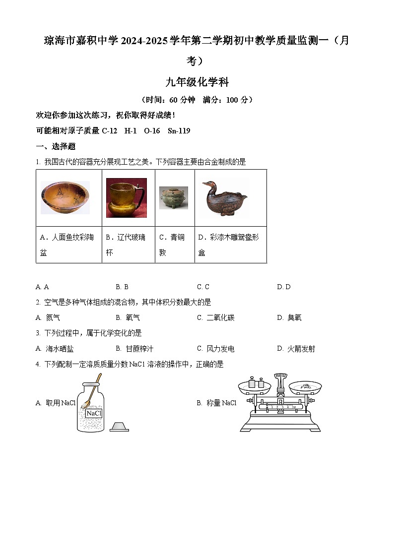 海南省琼海市嘉积中学2024-2025学年下学期九年级2月月考化学试题(原卷版+解析版)第1页