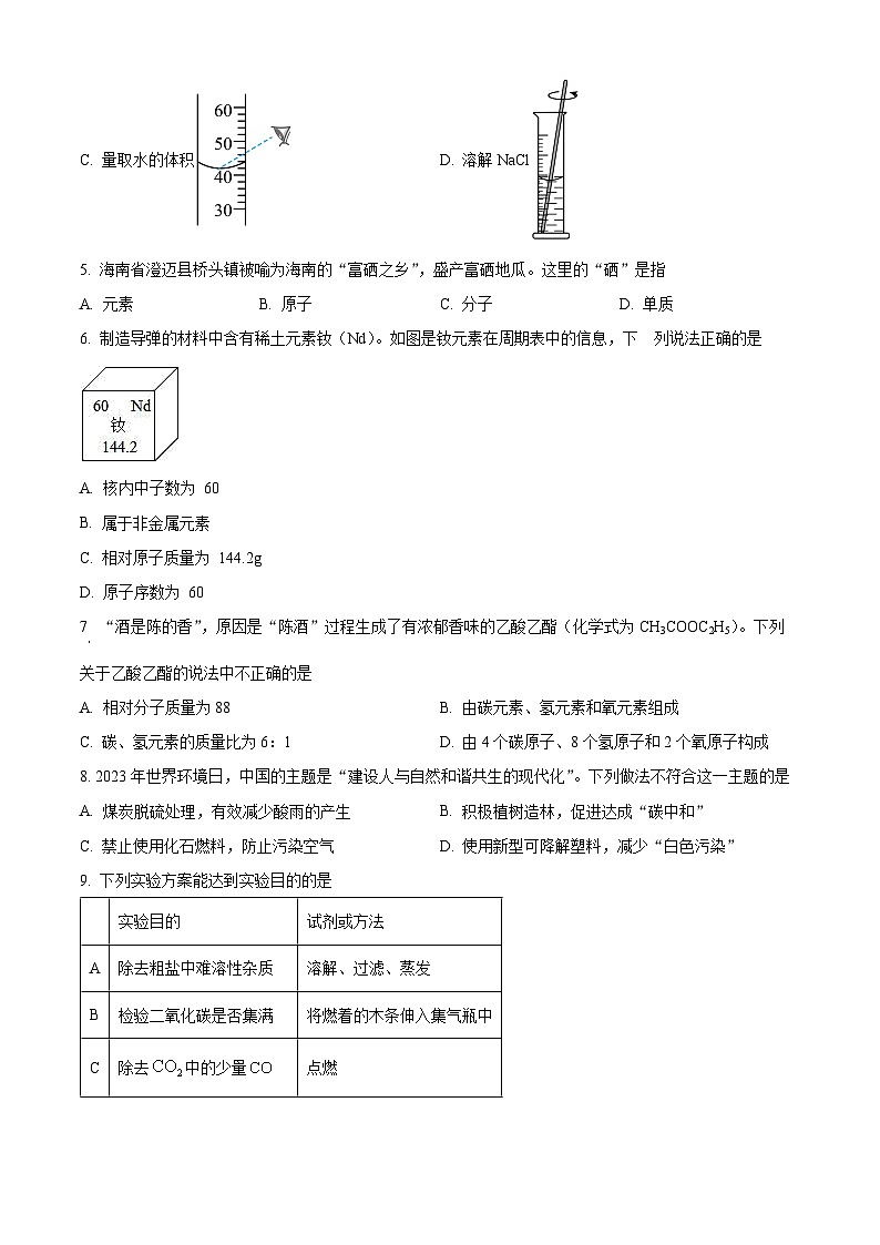 海南省琼海市嘉积中学2024-2025学年下学期九年级2月月考化学试题(原卷版+解析版)第2页