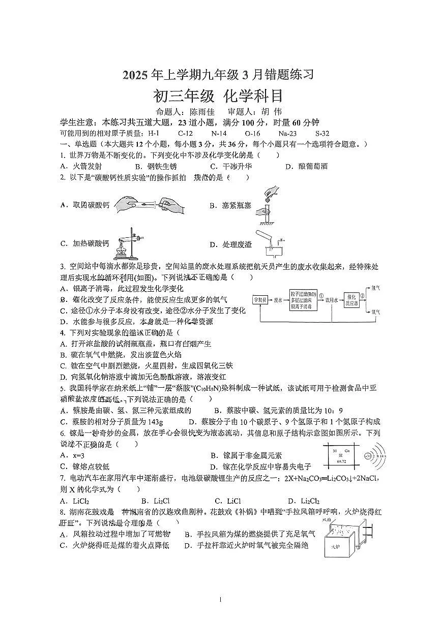 湖南省长沙市雅礼教育集团2024-2025学年九年级下学期3月联考化学试题第1页