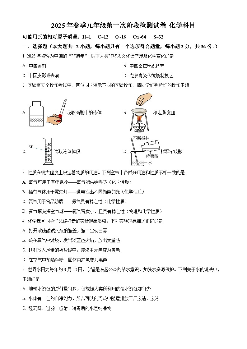 湖南省长沙市第十五中学2024-2025学年九年级下学期第一次月考化学试题(原卷版+解析版)第1页