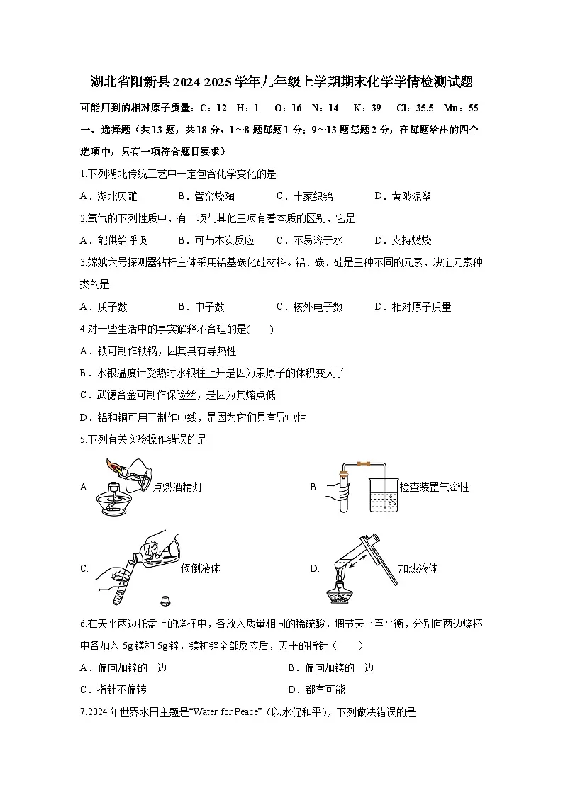 湖北省阳新县2024-2025学年九年级上册期末化学学情检测试题(附答案)第1页