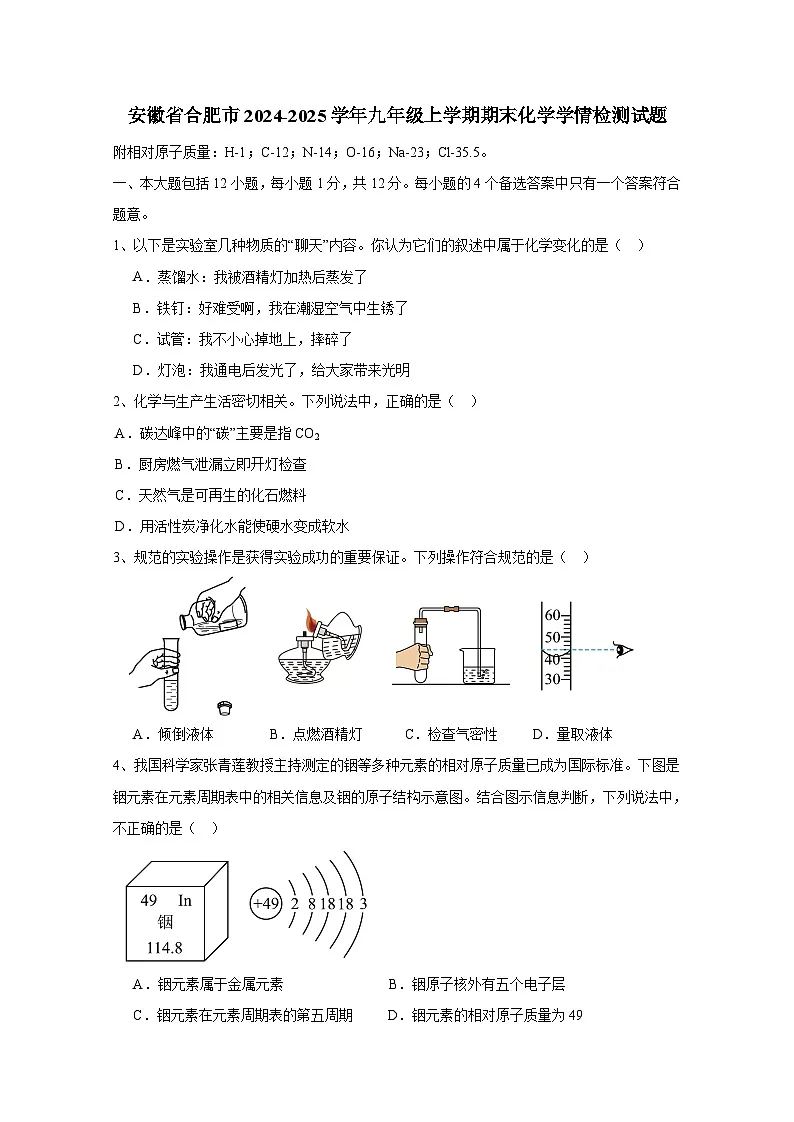 安徽省合肥市2024-2025学年九年级上册期末化学学情检测试题(附答案)第1页