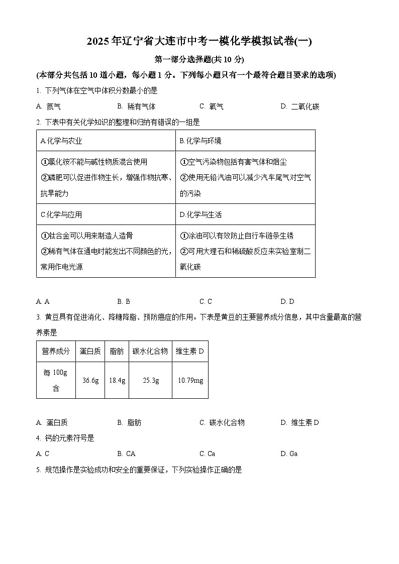 2025年辽宁省大连市中考一模化学试题(原卷版+解析版)第1页