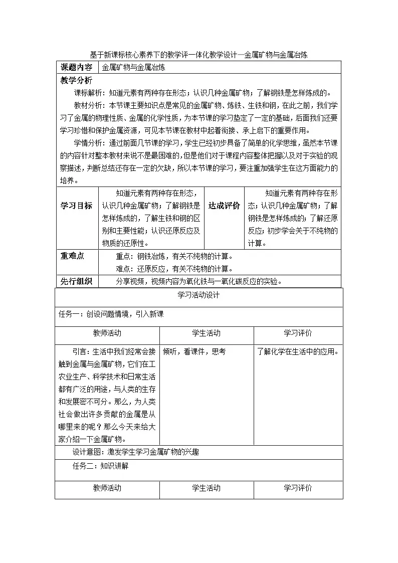 6.3《金属矿物与金属冶炼》教学设计表格第1页