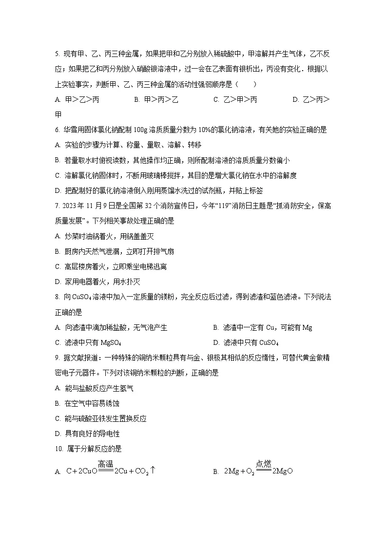 2024-2025学年湖南省长沙市九年级下册开学考试化学检测试题(附答案)第2页