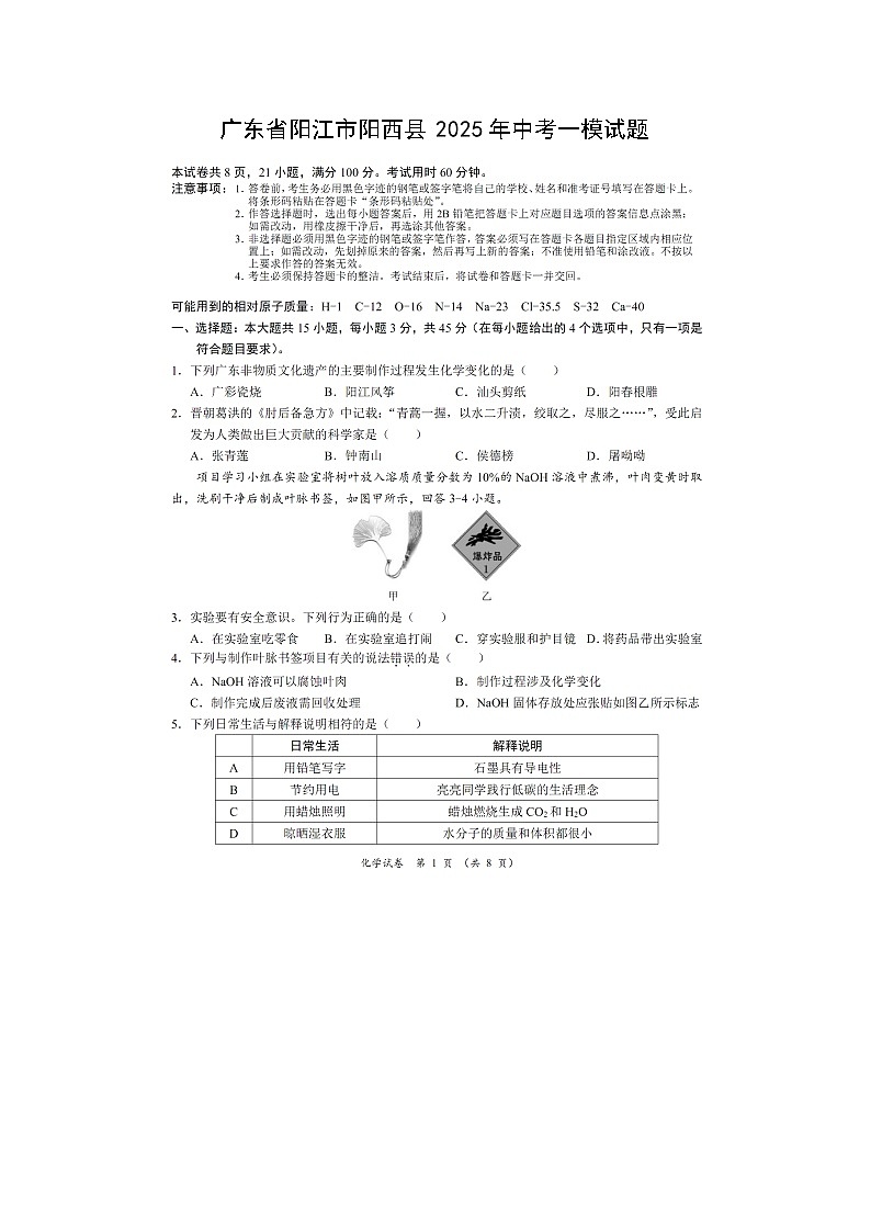 广东省阳江市阳西县2025年中考一模(扫描版)化学试卷第1页