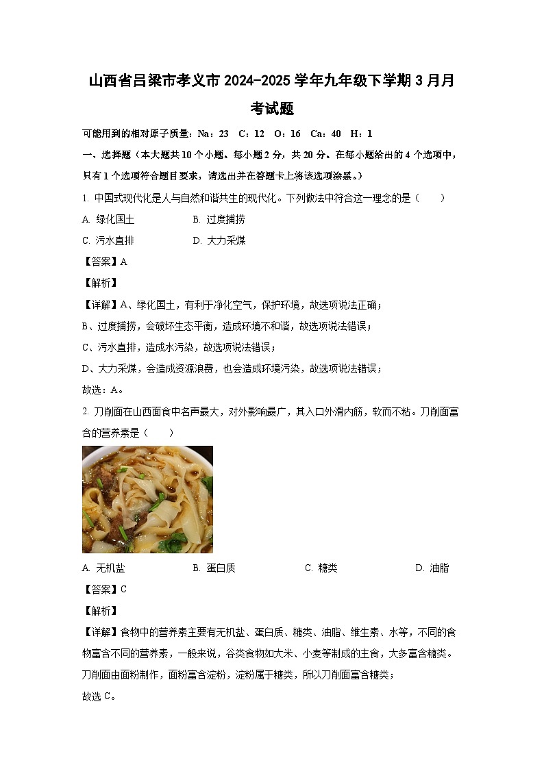 山西省吕梁市孝义市2024-2025学年九年级下学期3月月考化学试卷(解析版)第1页