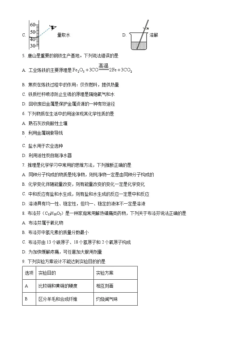 2025年河北省唐山市中考一模化学试题(原卷版+解析版)第2页