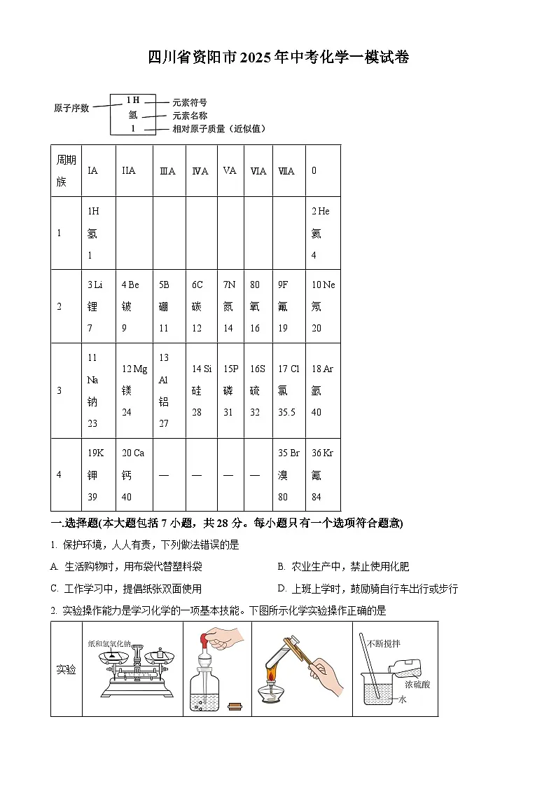 2025年四川省资阳市中考一模化学试题(原卷版+解析版)第1页
