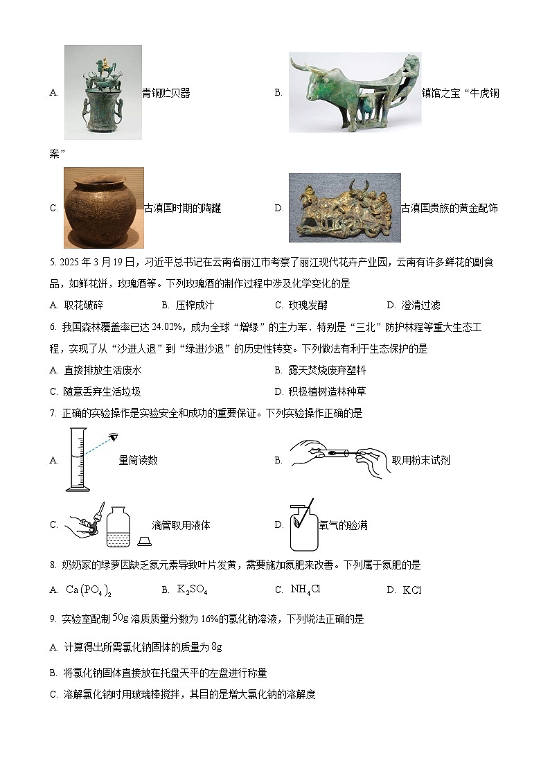 2025年云南省玉溪市中考一模化学试题(原卷版+解析版)第2页