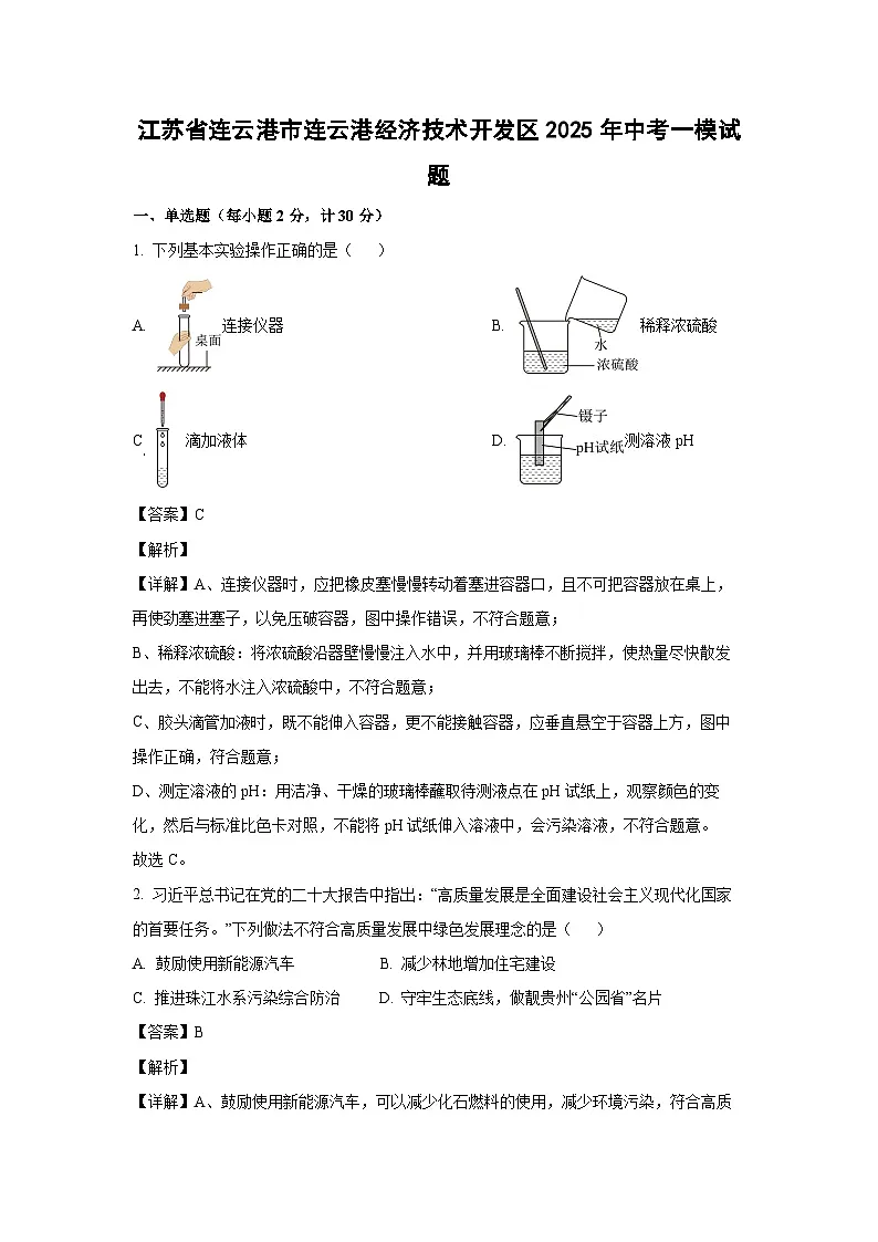 江苏省连云港市连云港经济技术开发区2025年中考一模化学试题(解析版)第1页