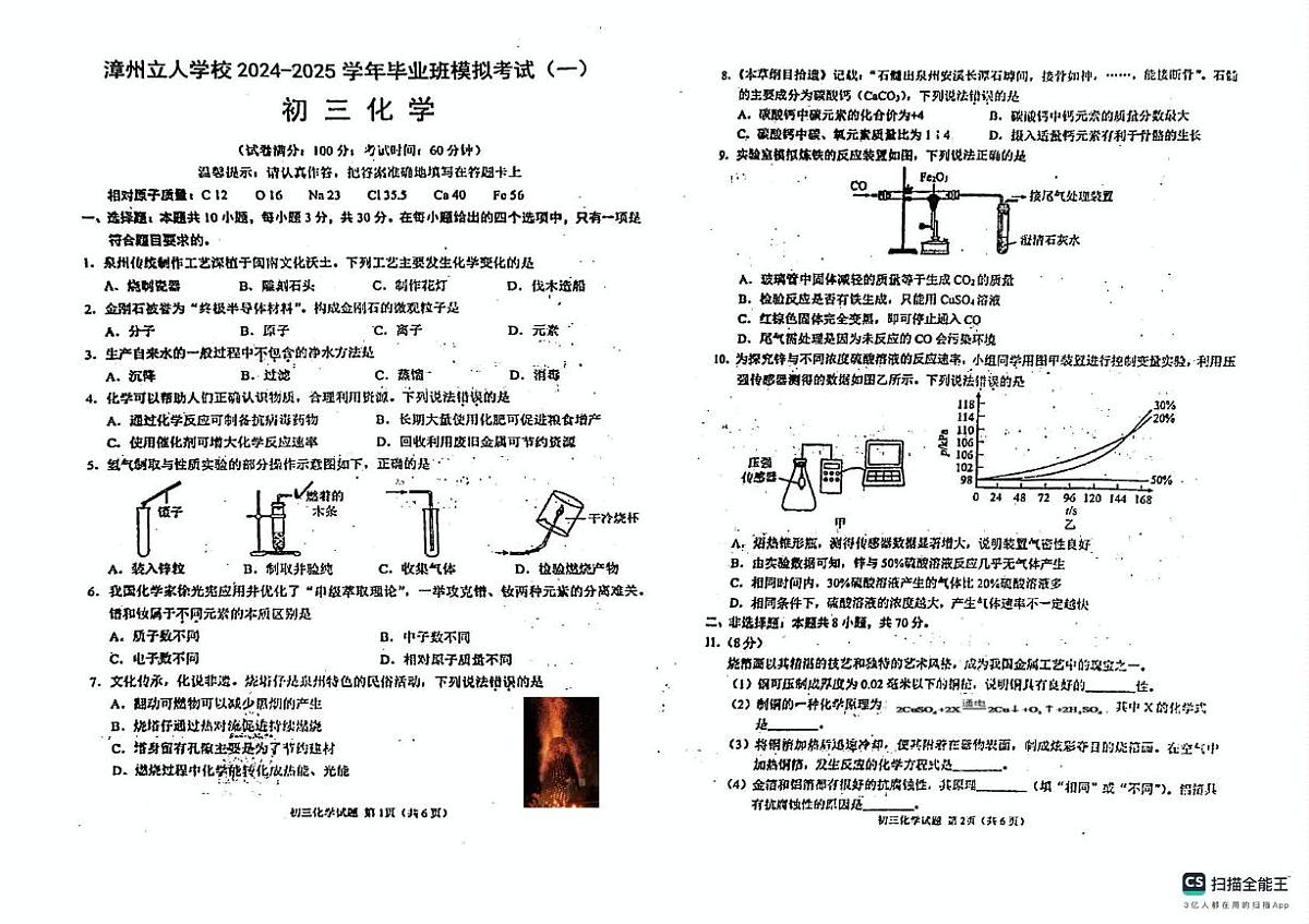 2025年福建省漳州立人学校中考一模化学试卷(中考模拟)第1页