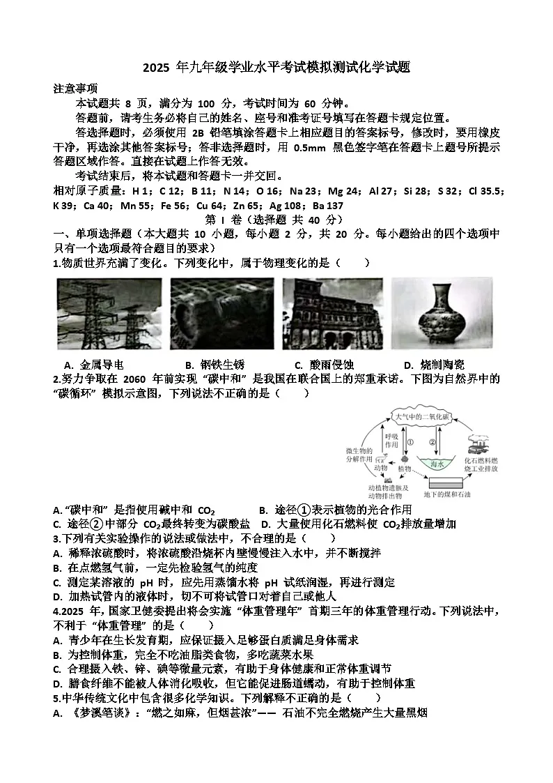 2025年济南天桥区九年级中考化学二模考试试题(含答案)第1页