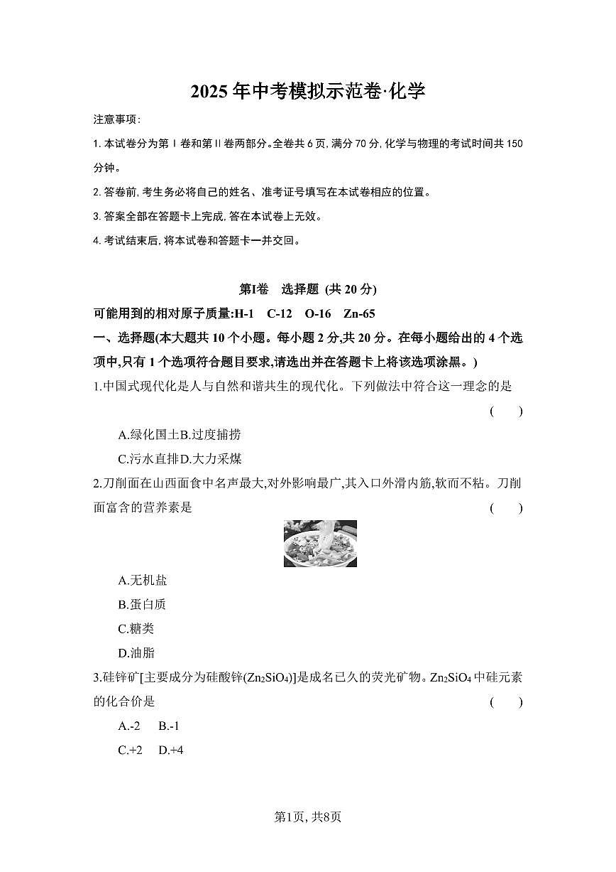 2025年中考模拟训练试题化学试卷含答案第1页