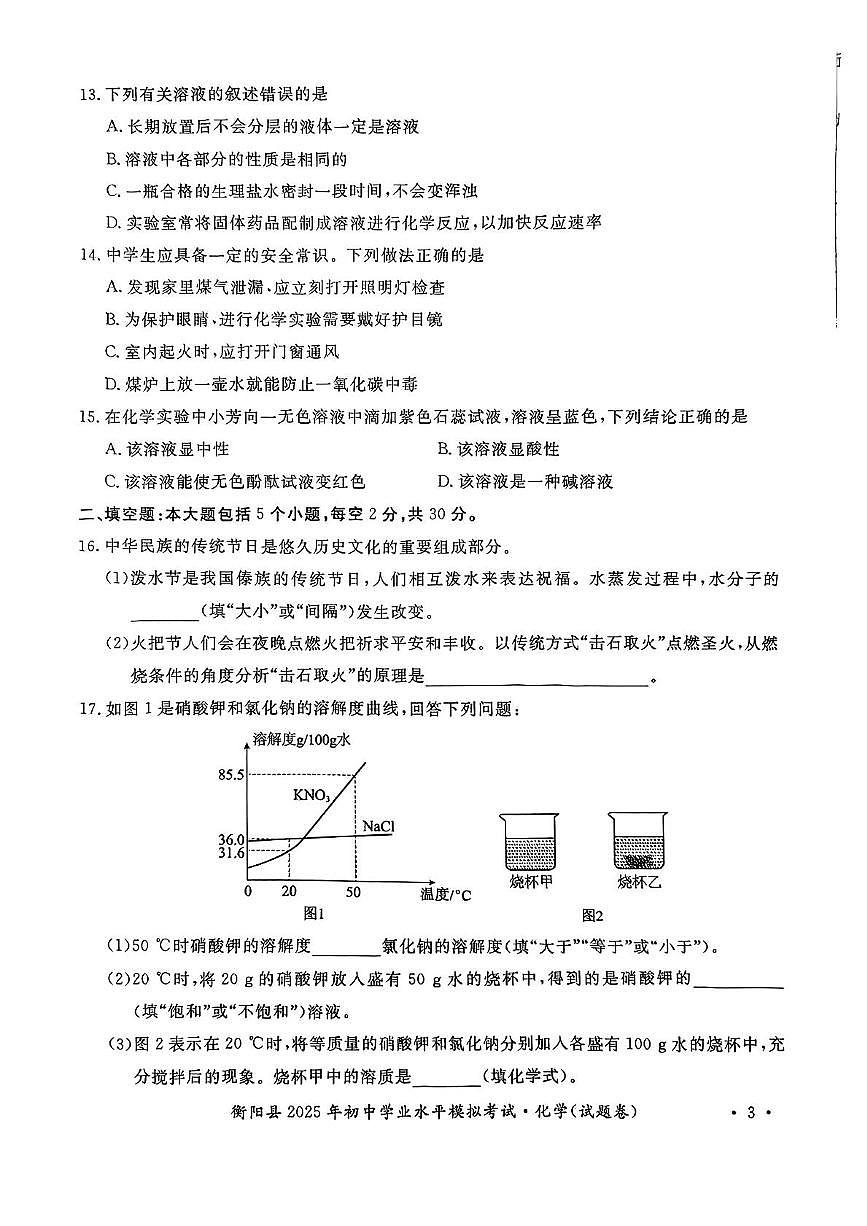 2025年湖南省衡阳市衡阳县初中学业水平模拟考试化学试题(中考模拟)第3页