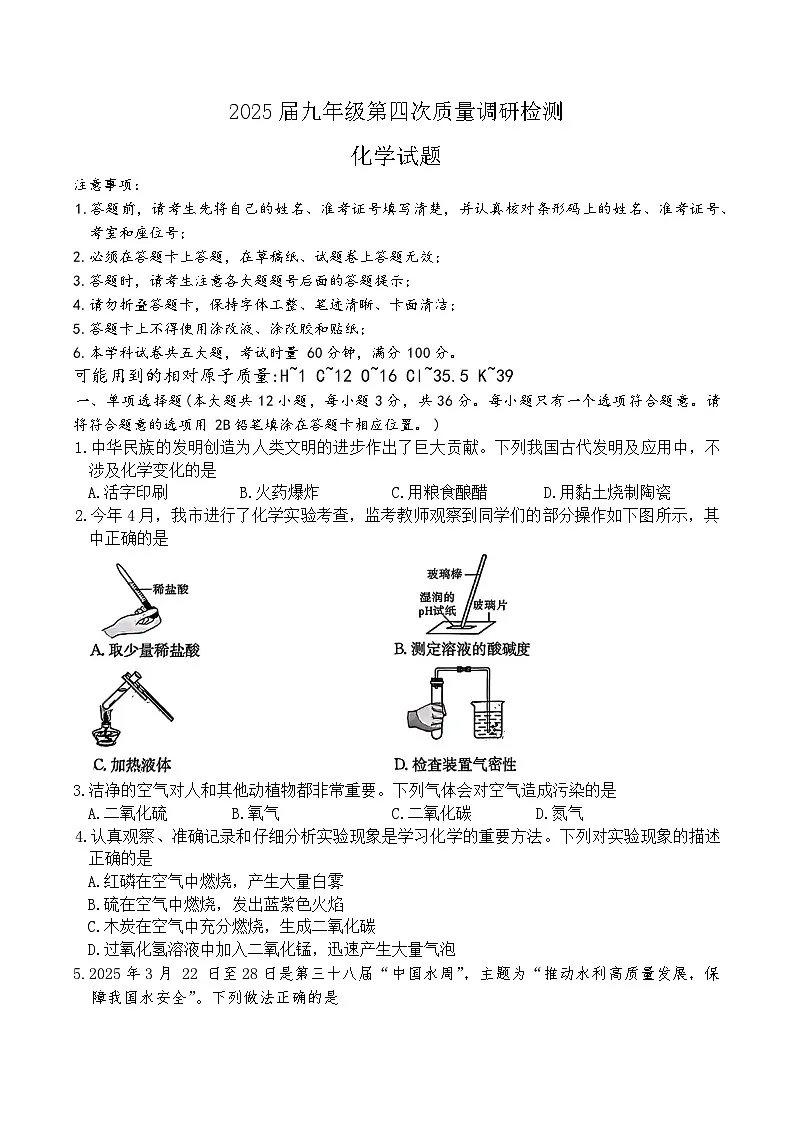 2025年湖南省长沙市湖南师大附中集团中考二模化学试题 (中考模拟)第1页