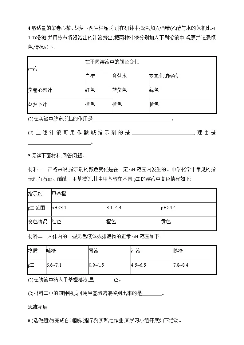 2025人教版化学九年级下册同步练习--课题1 溶液的酸碱性(含解析)第2页