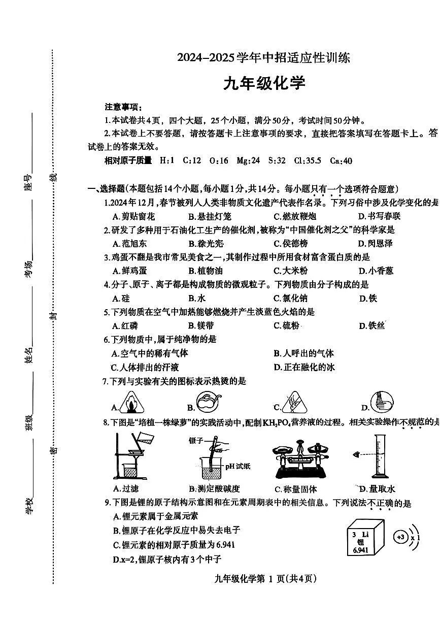 2025年河南省济源市九年级下学期一模考试初中化学 试卷(无答案解析)第1页