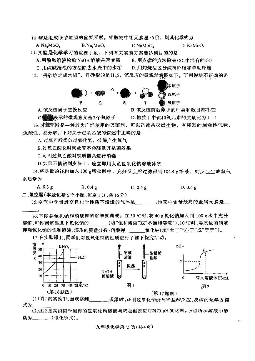 2025年河南省济源市九年级下学期一模考试初中化学 试卷(无答案解析)第2页