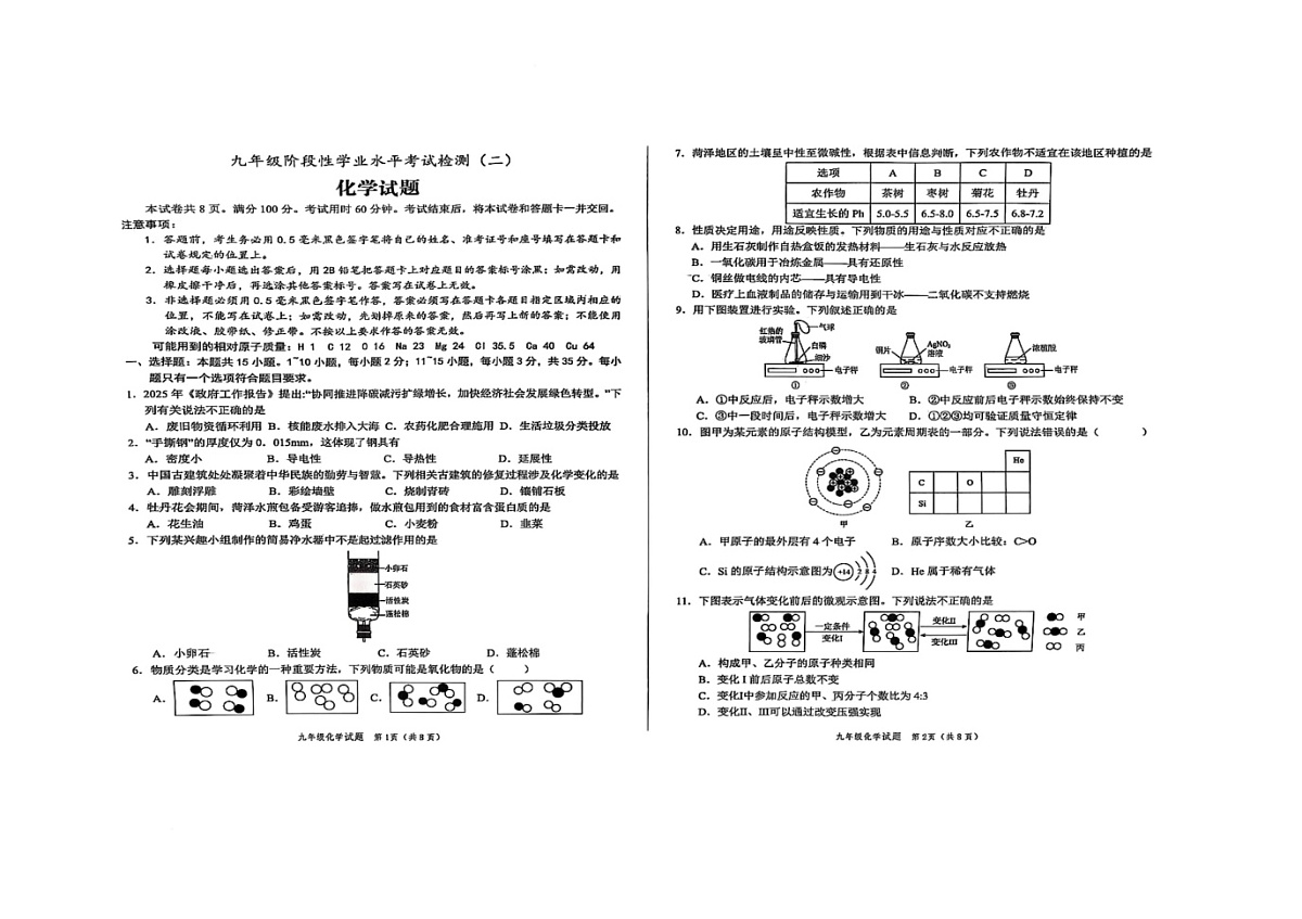 2025年山东省菏泽市菏泽经济技术开发区中考二模化学试题(中考模拟)第1页