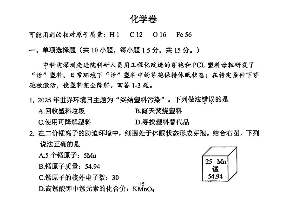 2025年广东省深圳市龙岗区中考二模考试化学试题(中考模拟)第1页