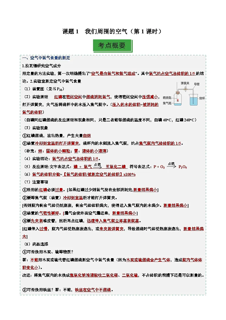 课题1 我们周围的空气(第1课时)(分层作业)(解析版)第1页