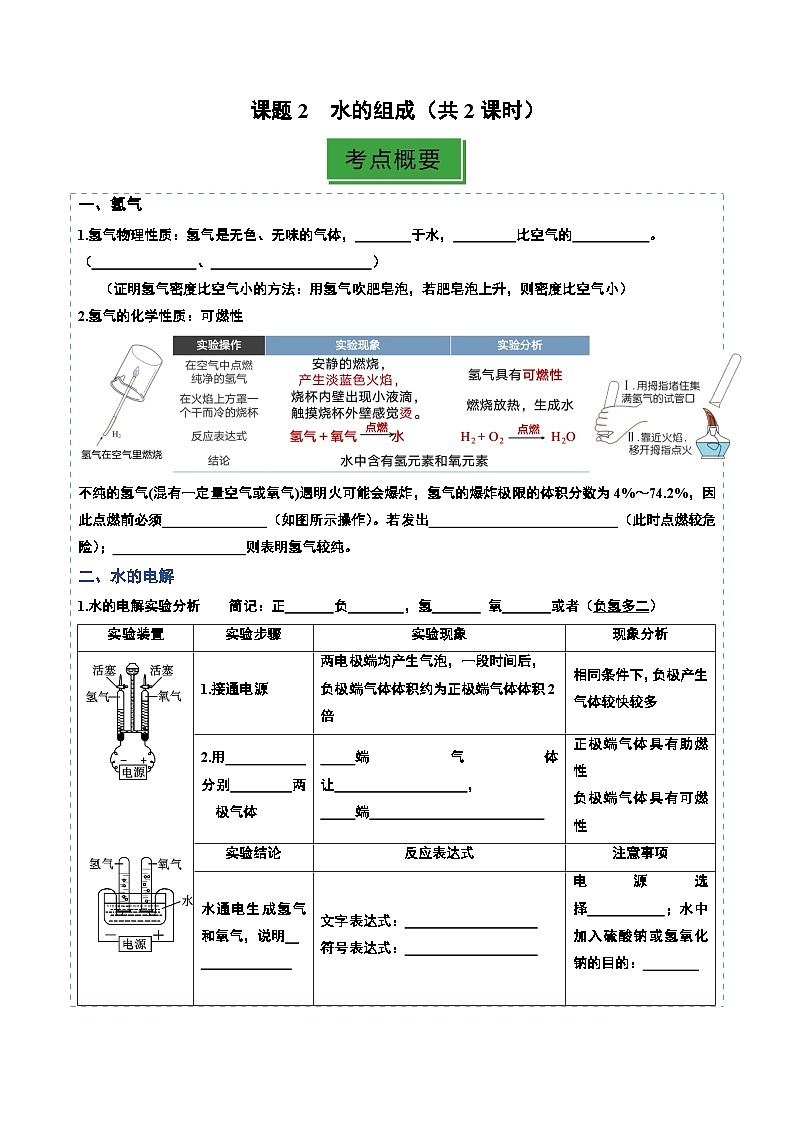 课题2 水的组成(共2课时)(分层作业)(原卷版)第1页