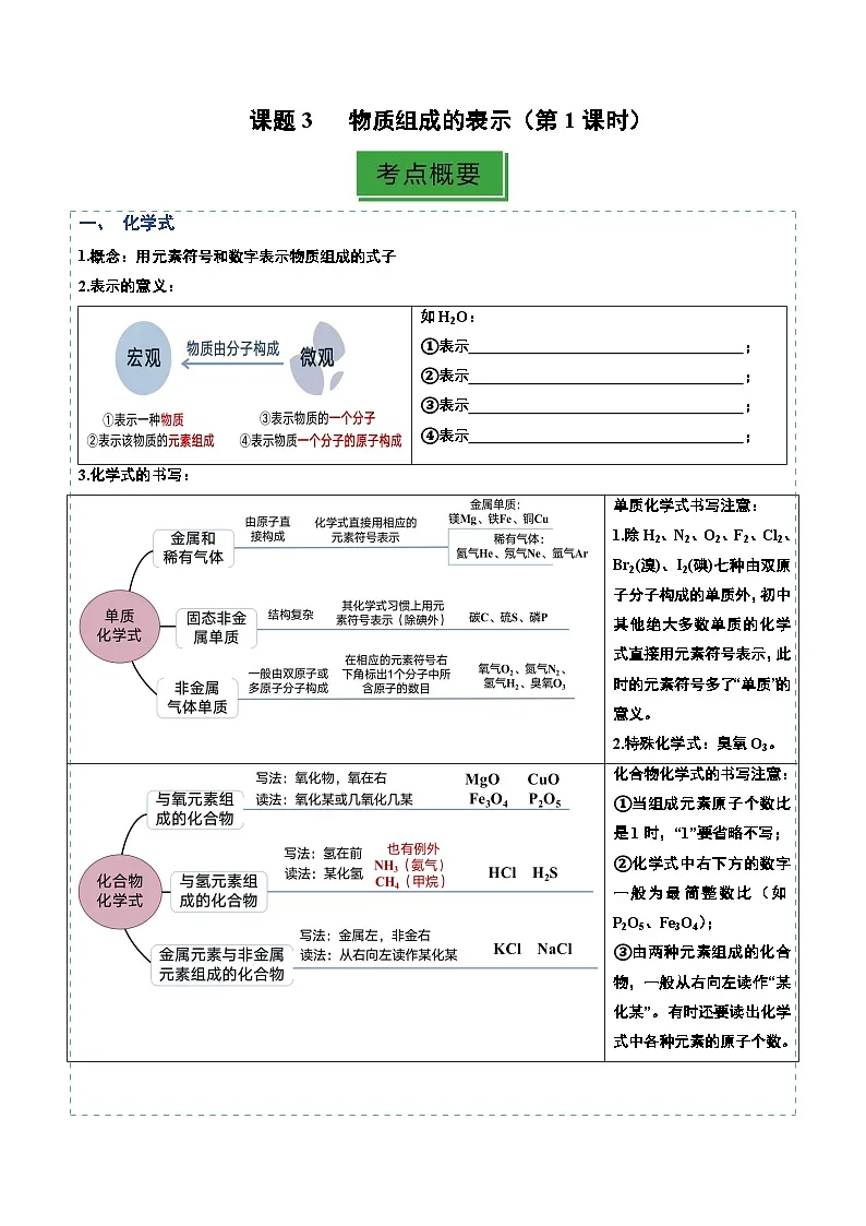课题3 物质组成的表示(分层作业)(第1课时)(原卷版)第1页