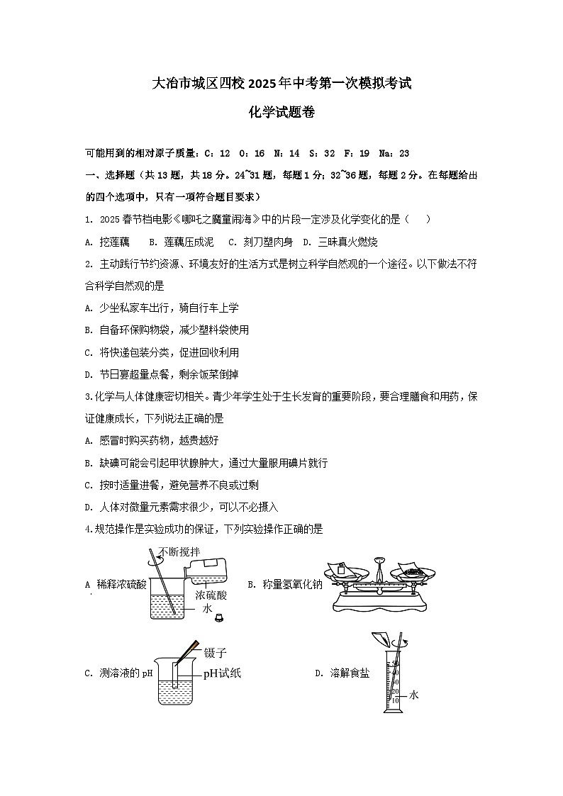 2025年湖北省大冶市城区四校中考第一次模拟考试化学试题(中考模拟)第1页
