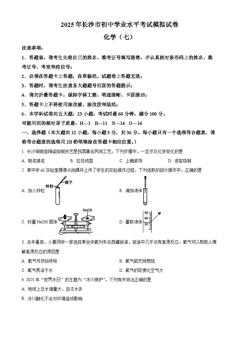2025年湖南省长沙市教科院中考模拟考试化学试卷(中考模拟)第1页