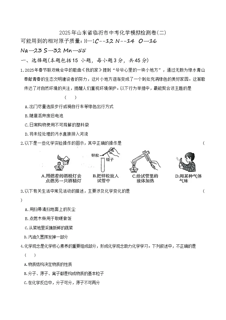 2025年山东省临沂市中考化学模拟检测卷(二)(中考模拟)第1页