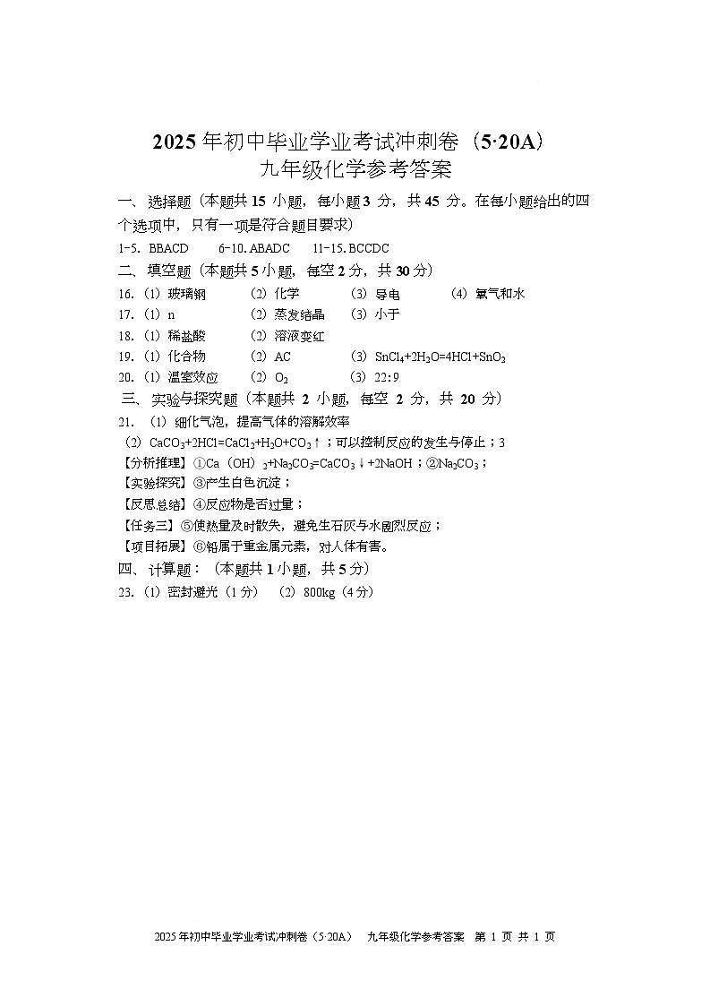 化 冲刺卷(5·20A) 九年级化学 参考答案第1页