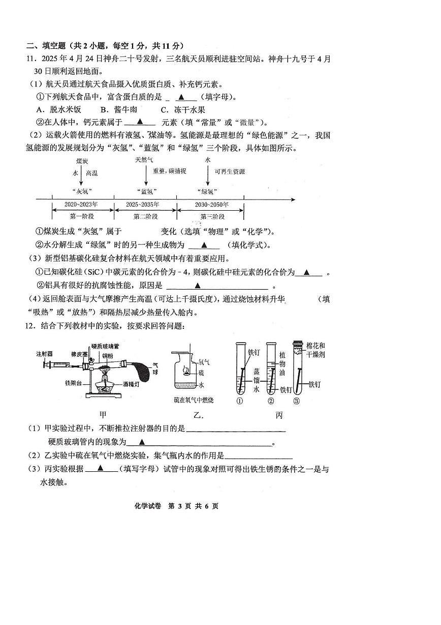 2025初三的二次模拟考试化学试卷第3页