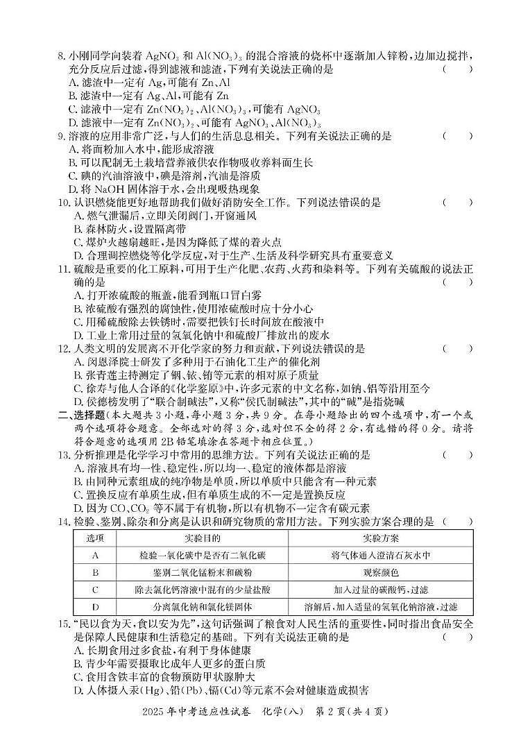 2025年湖南省怀化市中考适应性试卷化学(八)(中考模拟)第2页