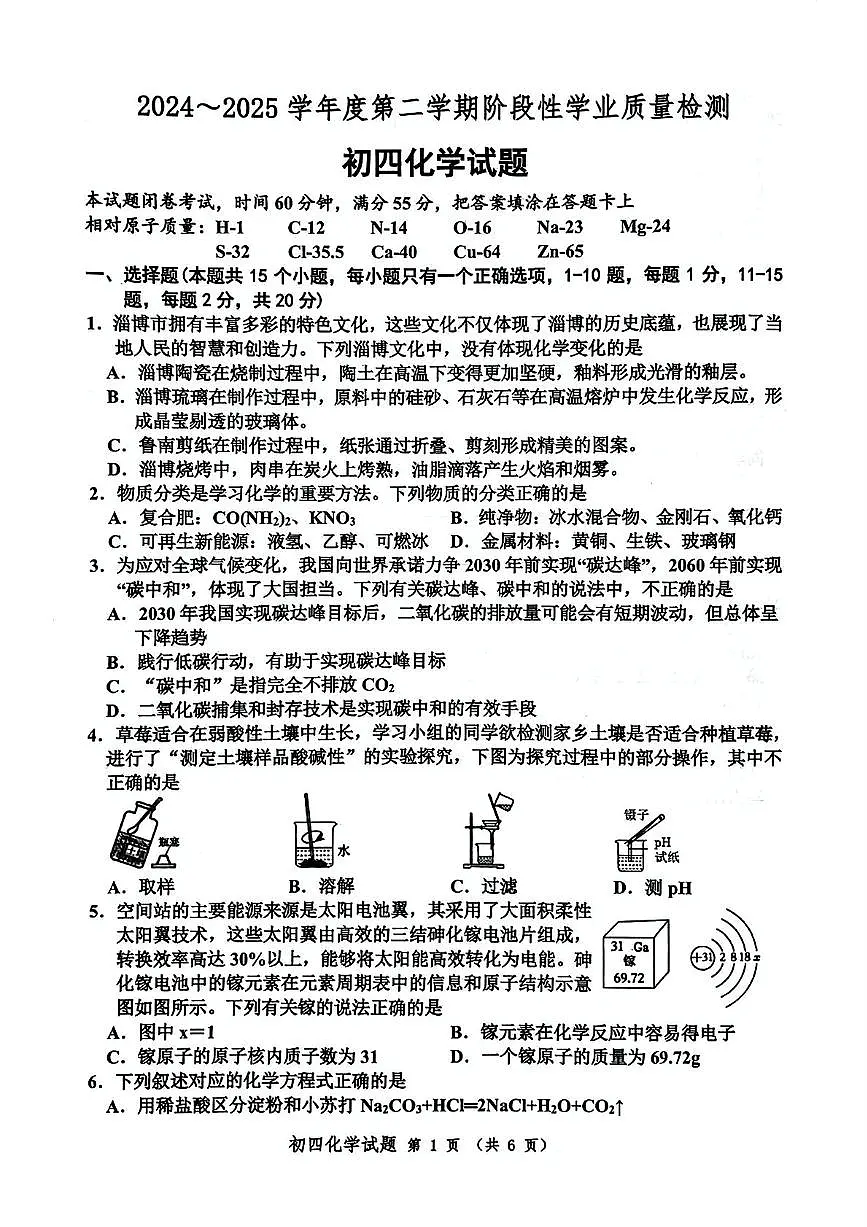 2025年山东省淄博市高新区中考二模化学试卷(中考模拟)第1页