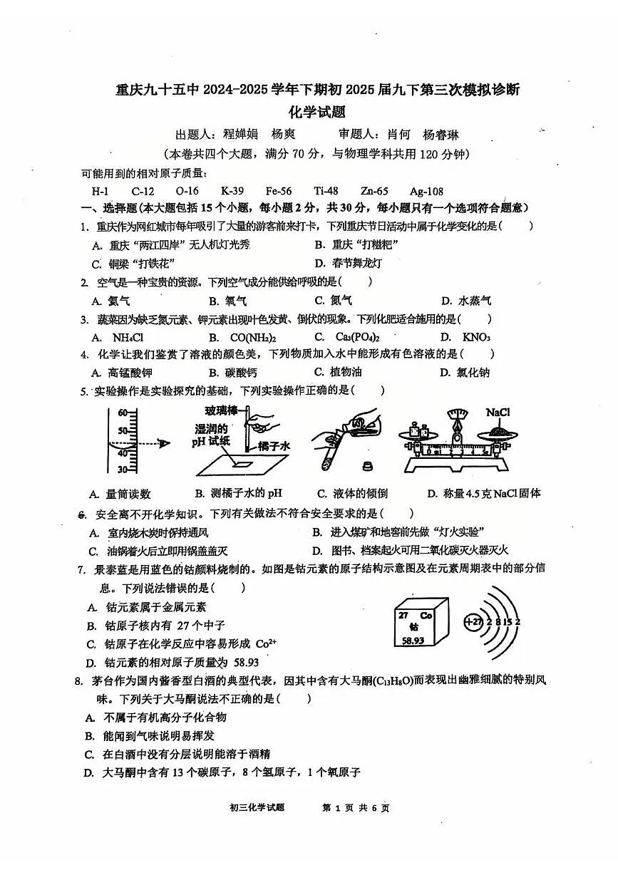 2025年重庆市第九十五初级中学校中考第三次模拟考试化学试题(中考模拟)第1页