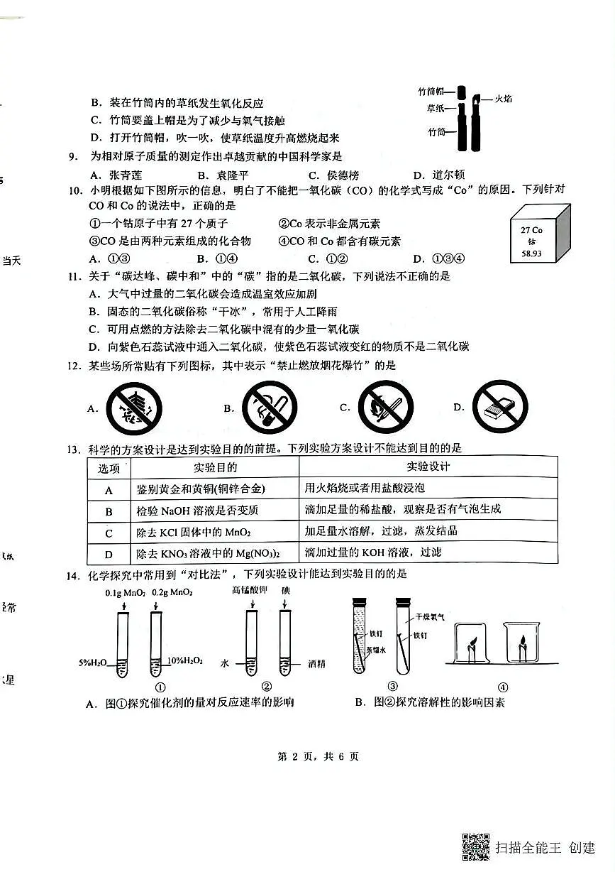 2025年重庆市实验中学教育集团9年级下期中考模拟化学试题 九年级化学试题第2页