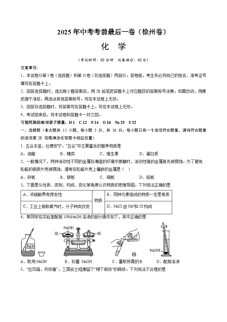 化学(徐州卷)(考试版)第1页
