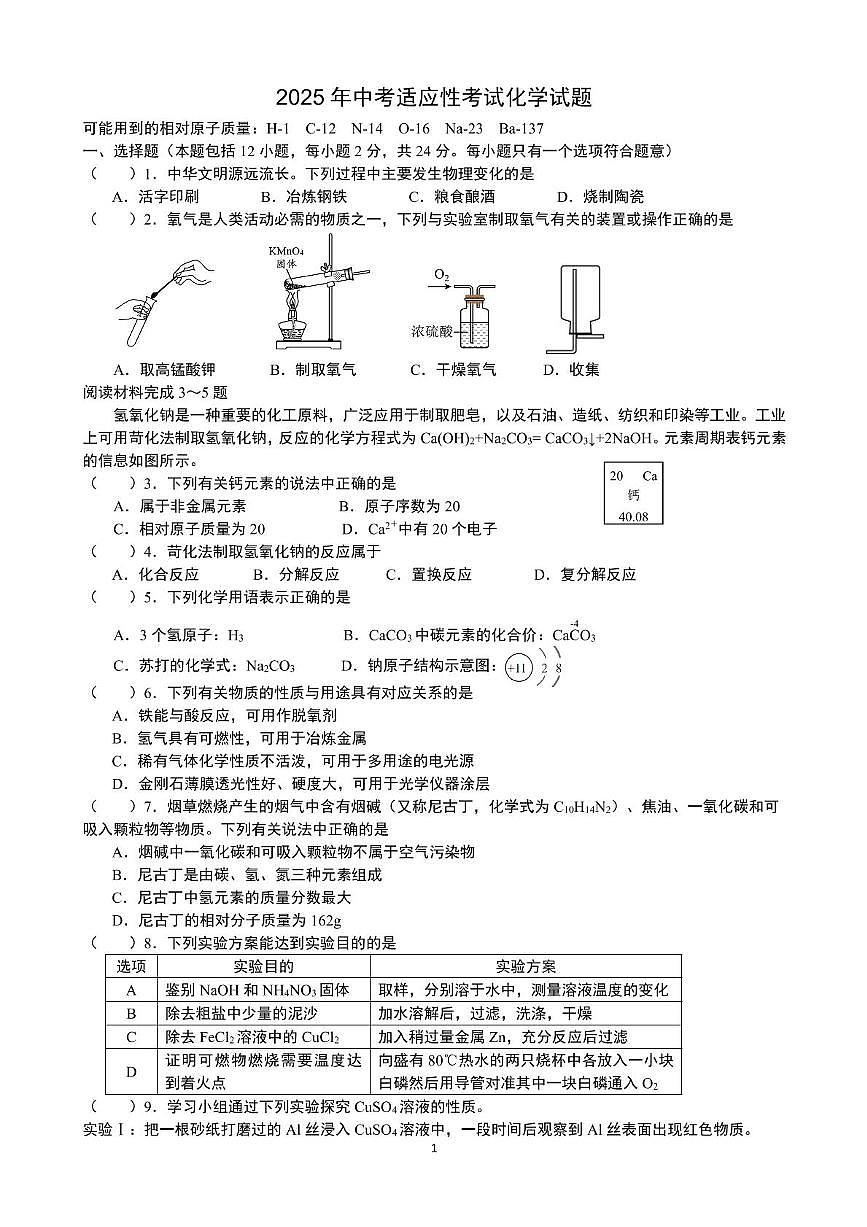 2025年江苏省连云港市东海县实验中学中考二模化学试题(中考模拟)第1页