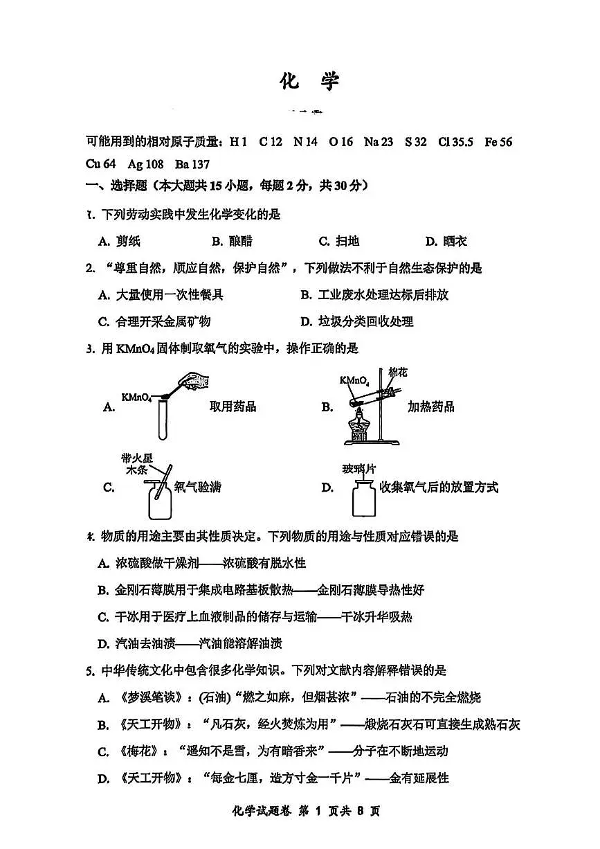 2025年重庆市鲁能巴蜀中学校九年级化学三模试卷(中考模拟)第1页