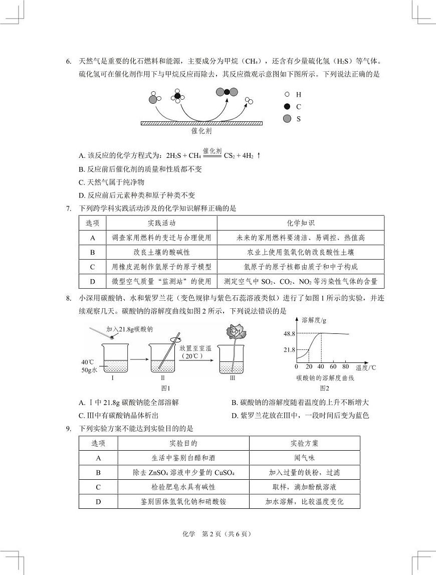 2025年6月深圳市多校初三第三次适应性联合测试化学试卷第2页