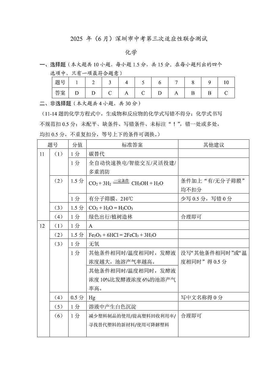 2025年6月深圳市多校初三第三次适应性联合测试化学试卷答案第1页