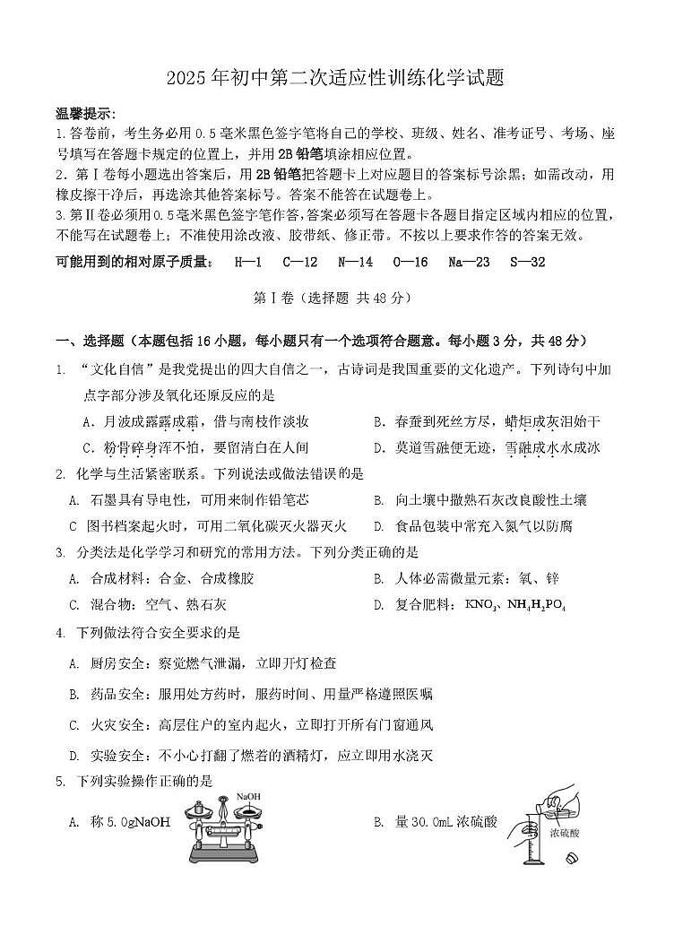 2025年初中适应性训练化学试题第1页
