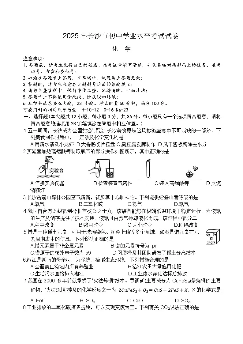 2025年长沙市初中学业水平考试模拟试卷化学试题第1页