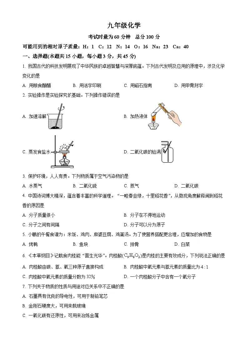 2025年湖南省衡阳市八中教育集团中考第二次模拟考试化学试卷(中考模拟)第1页