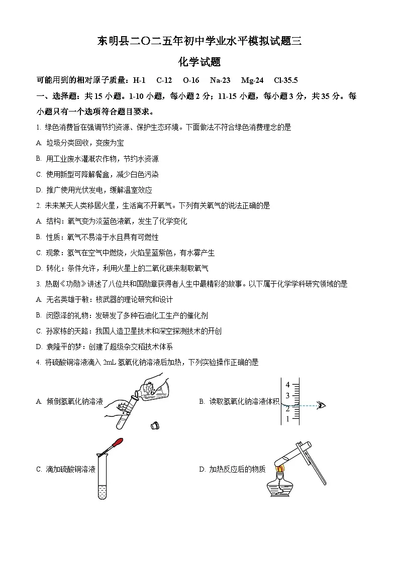2025年山东省菏泽市东明县中考三模化学试题(中考模拟)第1页