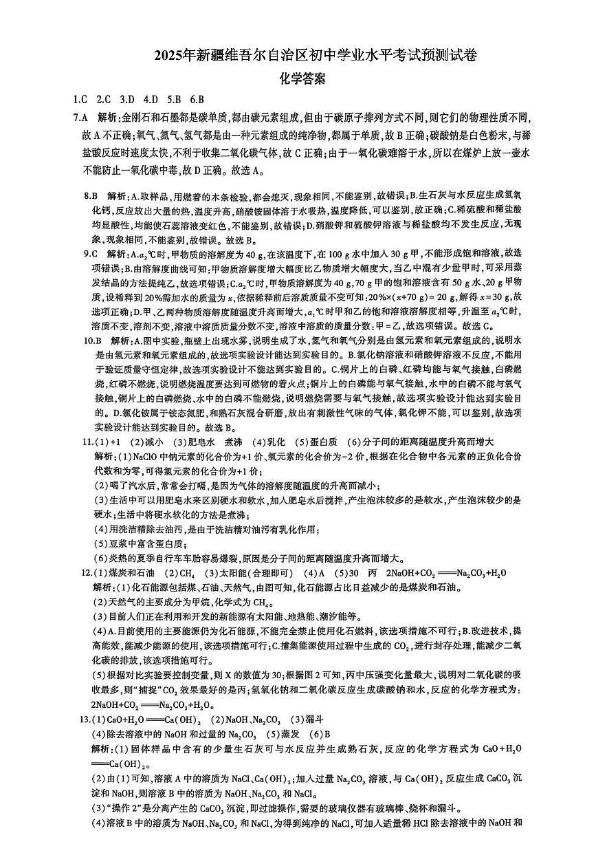 小劉的理科研究小组-2025年新疆维吾尔自治区初中学业水平考试化学预测试卷(参考答案)第1页
