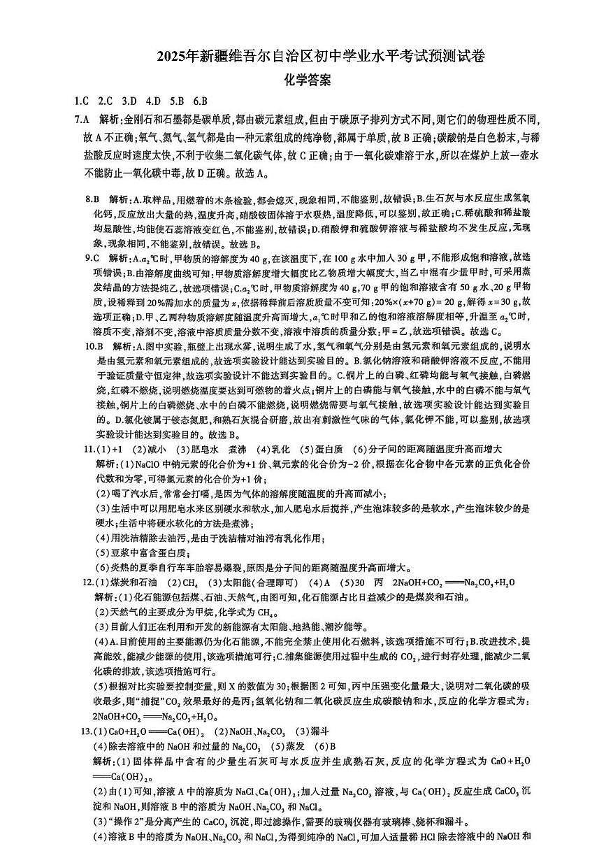 小劉的理科研究小组-2025年新疆维吾尔自治区初中学业水平考试化学预测试卷(参考答案)第1页