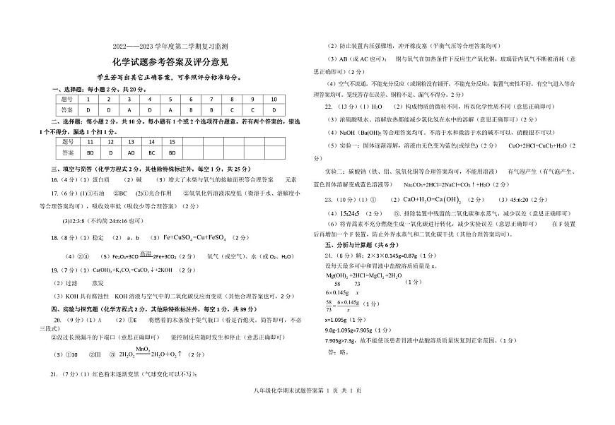 2023年九年級(jí)化學(xué)模擬題答案第1頁(yè)